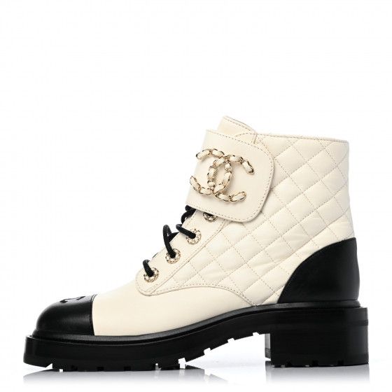 CHANEL

Shiny Goatskin Calfskin Quilted Lace Up Combat Boots 39 White Black | Fashionphile