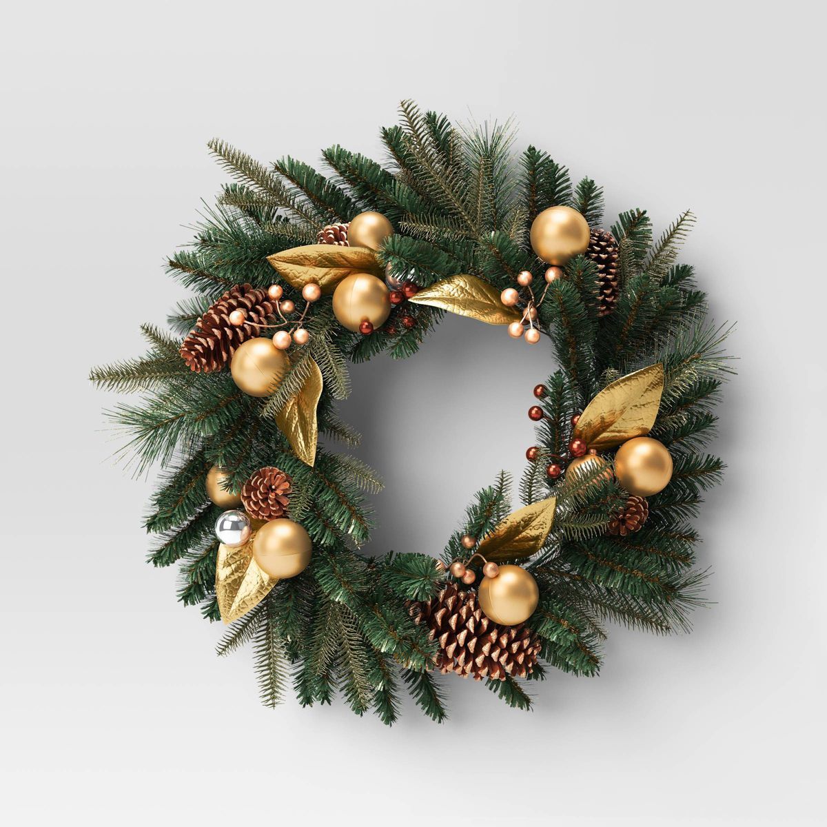 28" Mixed Greenery with Berries and Ornaments Artificial Christmas Wreath Green/Gold - Wondershop... | Target