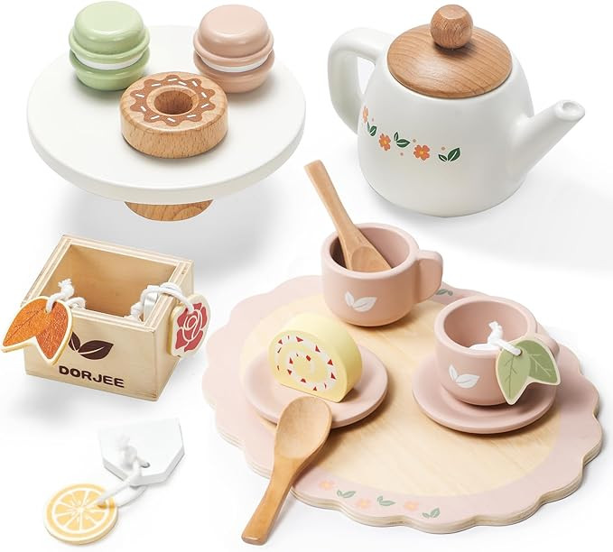 Dorjee Wooden Tea Set for Little Girls, Wooden Toys Toddler Tea Set Play Kitchen Accessories for ... | Amazon (US)