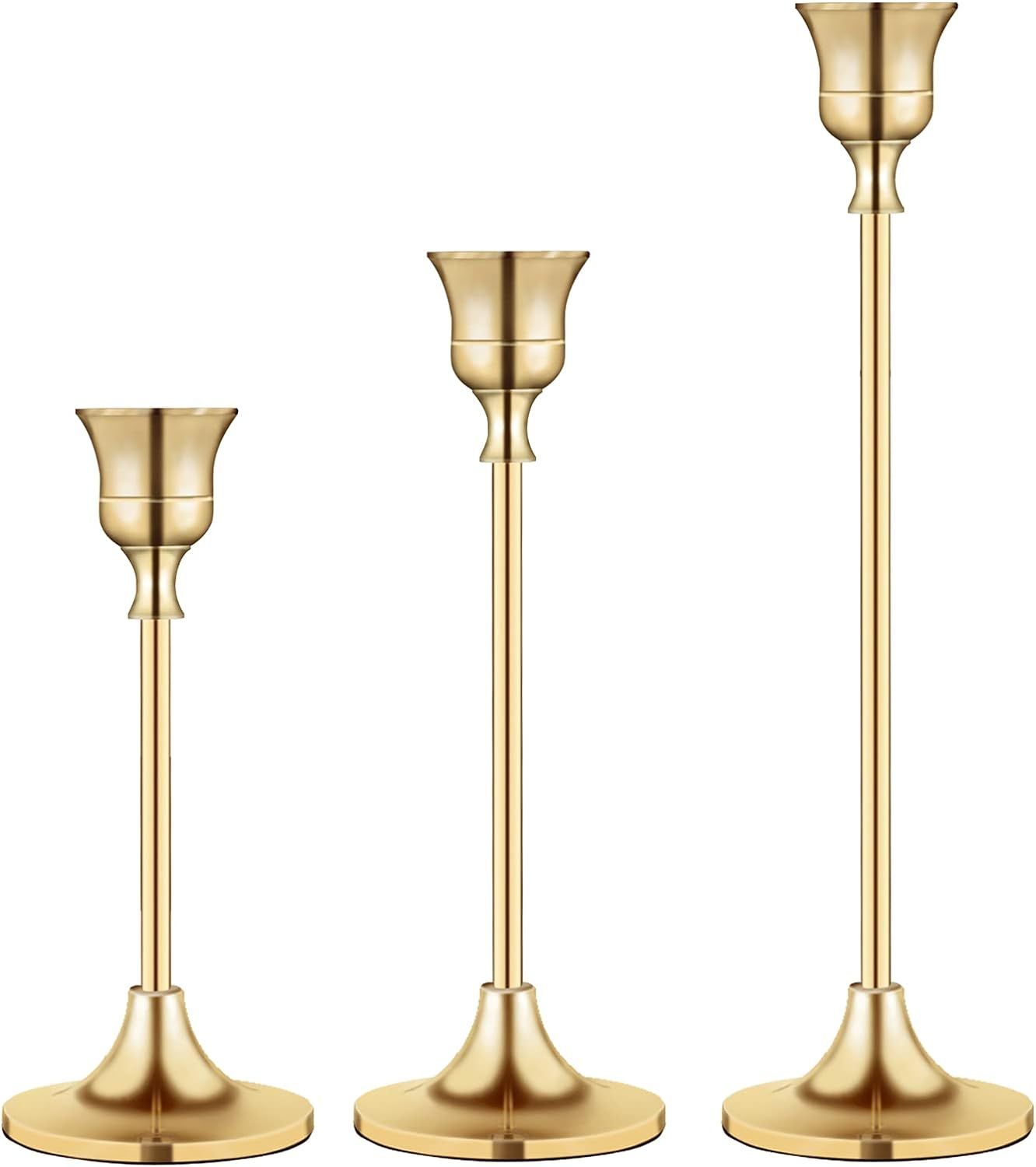 Candlestick Holders Taper Candle Holders, Brass Gold Candlestick Holder Set 3 Pcs Candle Stick H... | Amazon (US)