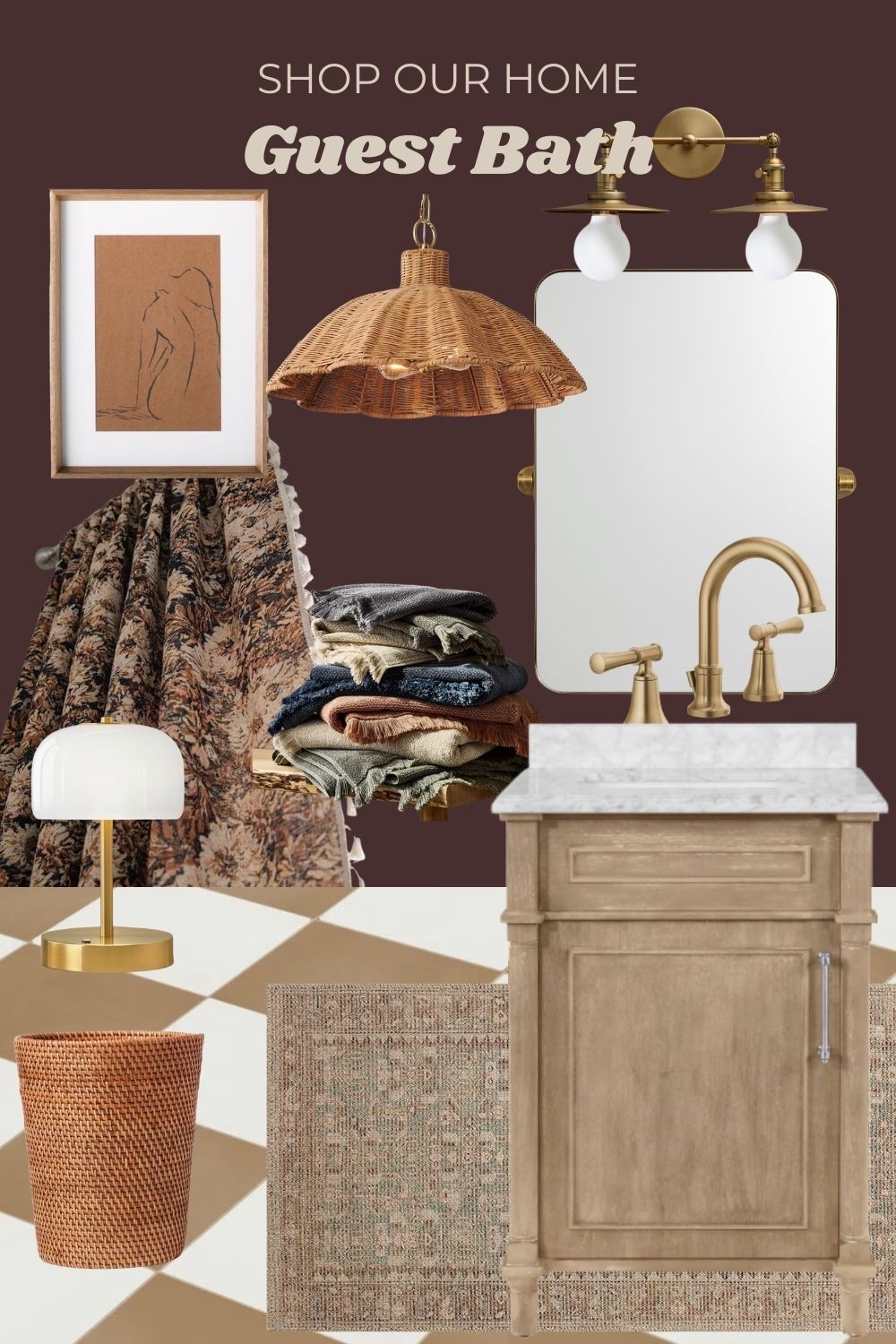 Guest bathroom mood board. Vintage inspired rug, transitional vanity, woven light fixture, harlequin floors

#LTKHome