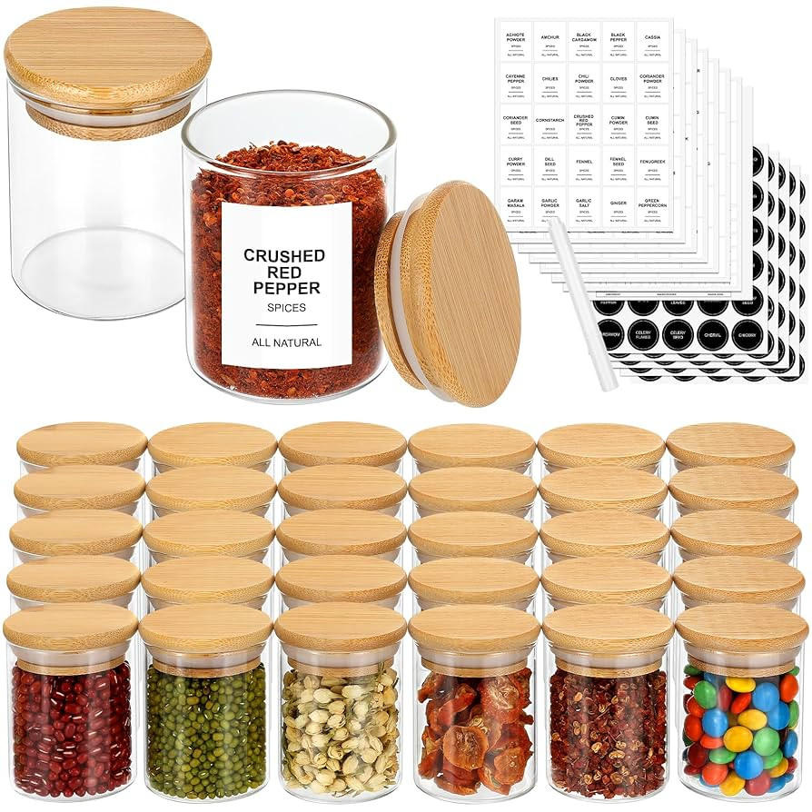 4OZ Glass Spice Jars with Bamboo Lids and 315 Labels, 32 Pcs Clear Food Storage Containers for Ki... | Amazon (US)
