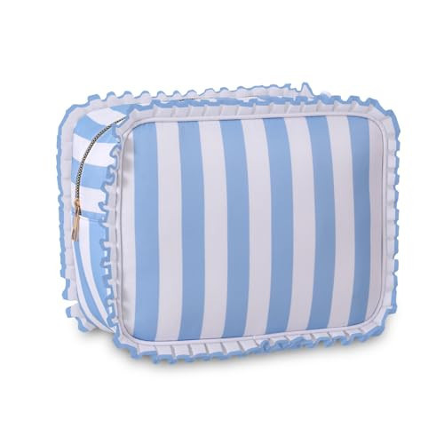 EMBRUNIOICE Stripe Ruffle Makeup Bag,Large Travel Cute Cosmetic Bag for Women Girls,Toiletry Bag Make up Organizer 10.8 x 4.5 x 8 inch (Blue Stripe) | Amazon (US)