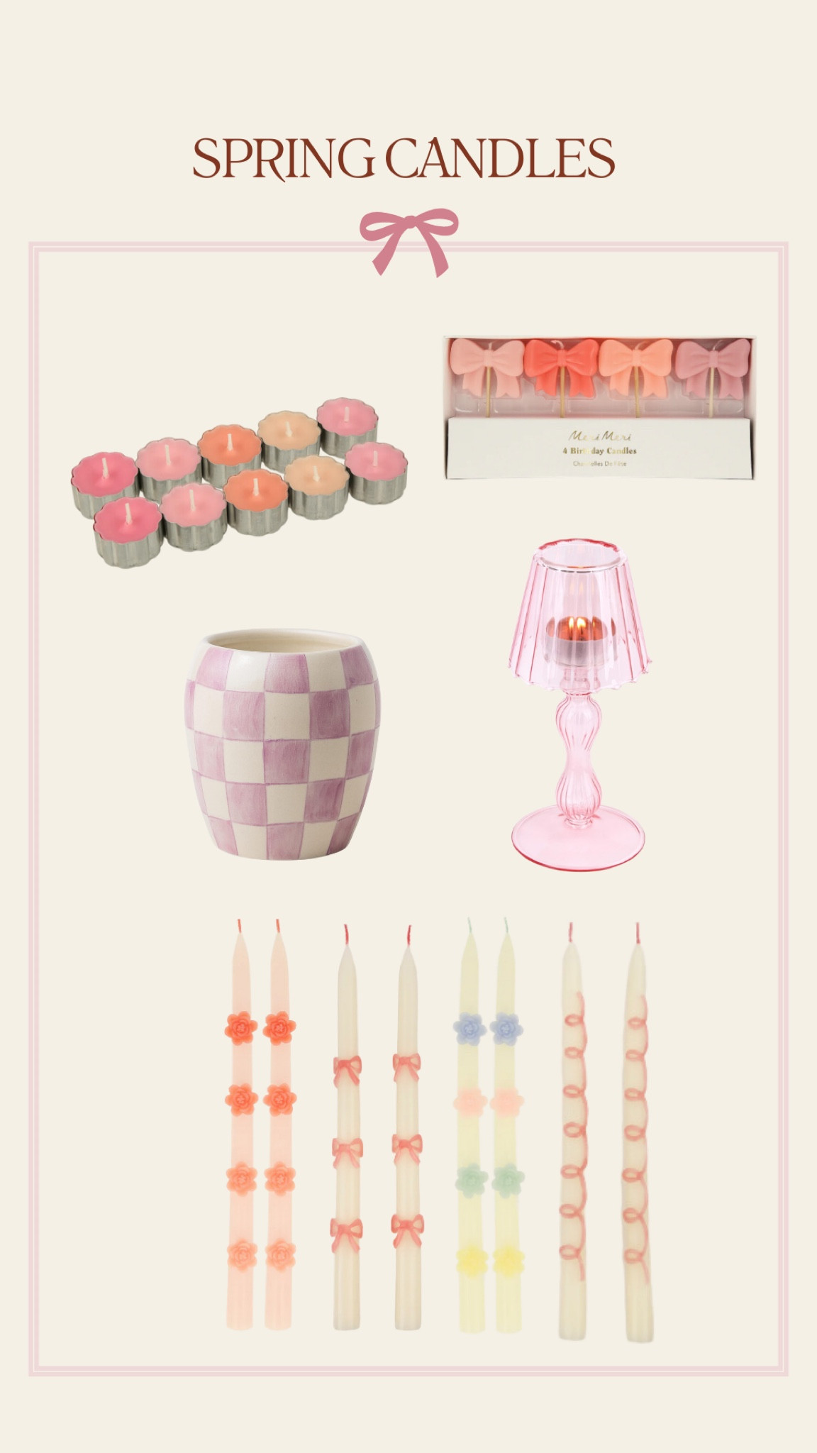 Spring candles, bow decor, pastel party, spring table, Easter tablescape 

#LTKhome #LTKparties #LTKSeasonal