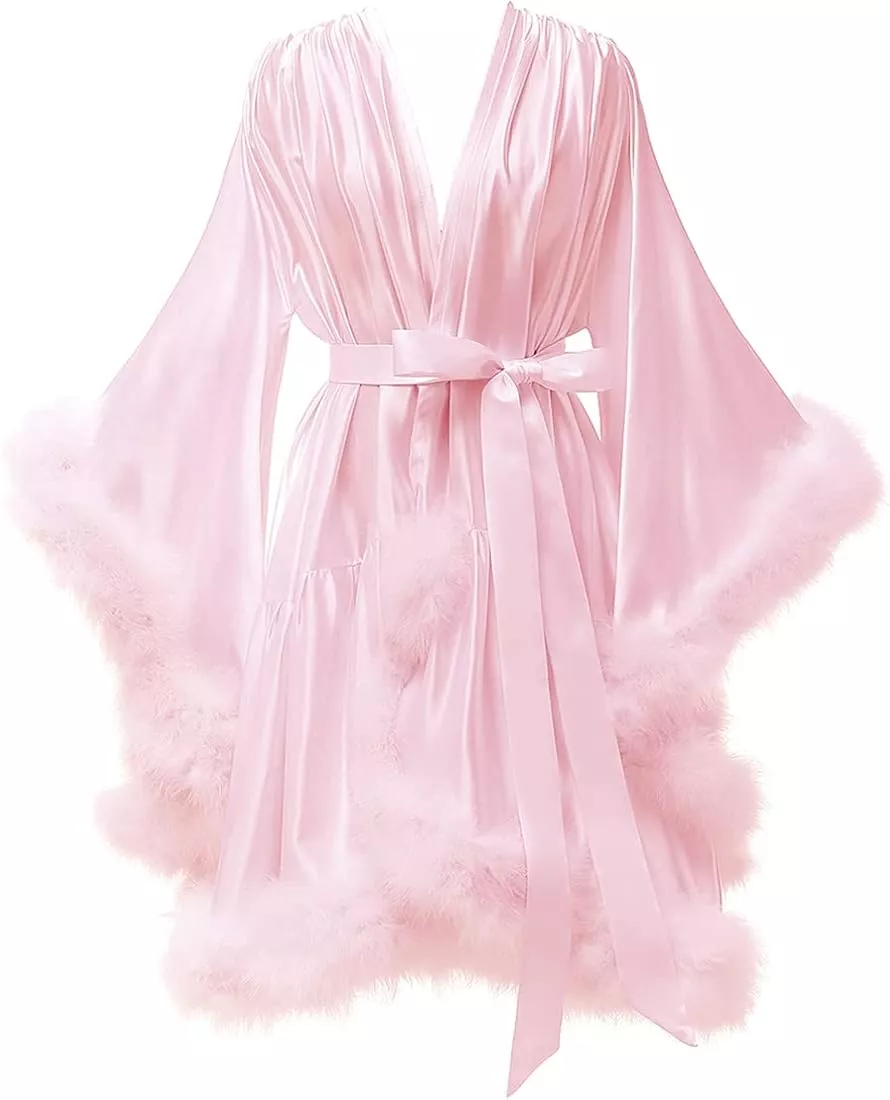 SAMPLE SALE Short Satin Robe With Ostrich Feather Trim in Peach Pink 