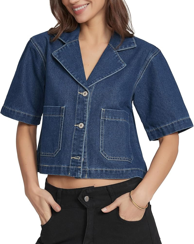 Kedera Women's Short Sleeve Denim Jacket Cropped Boxy Button Front Jean Shirt Jacket Lightweight ... | Amazon (US)