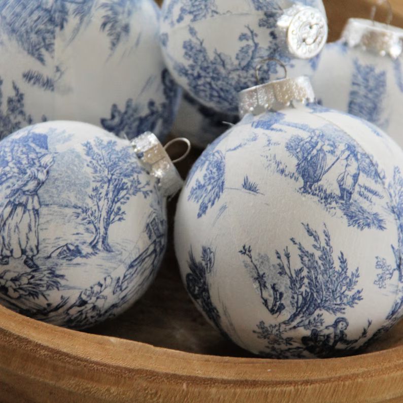 Blue Toile Christmas Ornaments, Modern Christmas Decoration, Tree Decoration, Christmas Ball, Classi | Etsy (US)