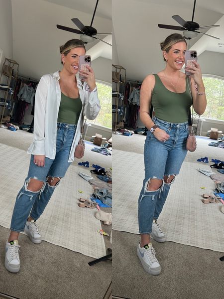 Bodysuit TTS - M 
Satin White button down (machine washable) TTS - M 
Fav mom jeans TTS - 8 short
Bra TTS (code MORGANXSPANX for 10% off)
Nike sneakers TTS 


GRWM today! 😍🫶🏼 After all the storms it’s so nice to see the sunshine this afternoon. I’ve worn this outfit 3x in the last couple weeks, so it deserved a permanent post 🤌🏼 This skims lookalike bodysuit is so stretchy + comfy and it’s double lined. Wearing it w my fav mom jeans that hold your tummy in & stretch on the back to flatter the booty. 🍑 My white button down looks so high end & I’ve washed + dried multiple times & looks good as new. ✨ Linking my entire outfit for y’all with sizing info on the @shop.ltk app! 

Direct URL: 

#grwmreel #getdressedwithme #size8 #midsizestyle #momjeans #aejeans #aexme #amazonfashion #skims #amazonfinds #outfitreel #stylereel #fashionreels #whitebuttondown #springoutfit #momoutfit 

#LTKsalealert #LTKunder50 #LTKFind