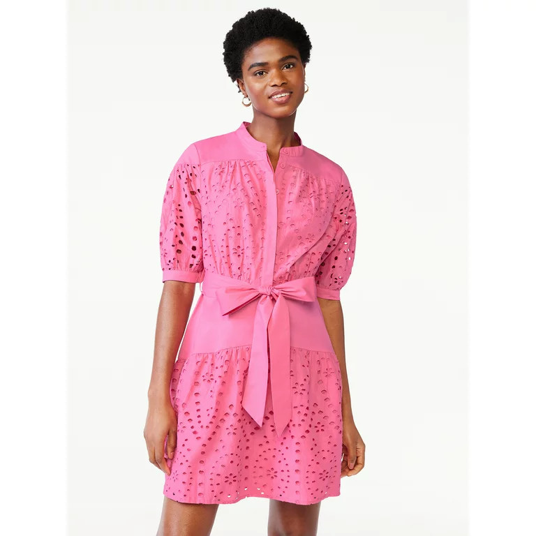 Scoop Women's Eyelet Short Shirt Dress with Volume Sleeves | Walmart (US)