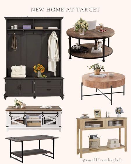 New home finds at Target. Coffee tables. Entry bench. Round coffee table with storage. Round rustic coffee table with storage shelf. 2-tier coffee table. Entryway hall tree bench with storage cabinet. Entryway coat rack. 2-tier farmhouse wood coffee table. Industrial coffee table. Wood entryway table. Console table. Farmhouse coffee table with sliding doors and storage shelves  

#LTKHome