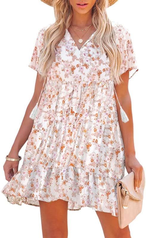 SHEWIN Women's Summer Boho Floral Dresses Casual V Neck Short Sleeve Ruffle Hem A-Line Mini Dress | Amazon (US)