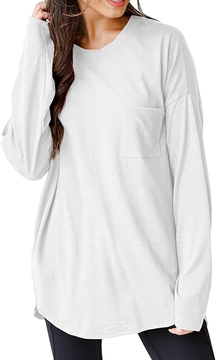 Wihion Women Oversized Long Sleeve T-Shirts Cotton Casual Crewneck Solid Tunic Tops with Pocket | Amazon (US)