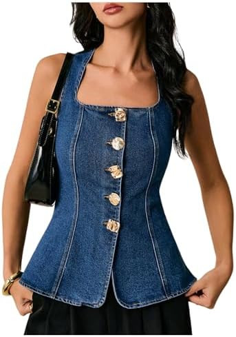 Floerns Women's Metal Button Up Denim Top Sleeveless Square Neck Going Out Tank Tops | Amazon (US)