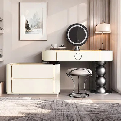 47.24"L Minimalistic Solid Wood Vanity With Chest Of Drawers & Stool & Mirror | Wayfair North America