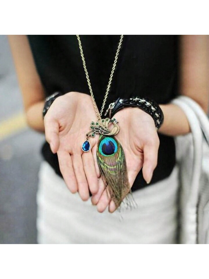 1pc Bohemian Style Peacock Feather Vintage Rhinestone Inlaid Tassel Pendant Necklace For Women | SHEIN