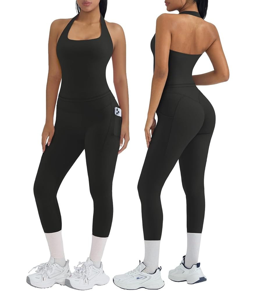 OMKAGI 2 Piece Workout Sets for Women Halter Tops Booty Leggings with Pockets Gym Outfits | Amazon (US)