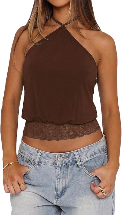 Womens Sexy Halter Tops Self Tie Lace Trim Cami Tank Cinched Waist Crop Shirt Cute Summer Y2K Goi... | Amazon (US)