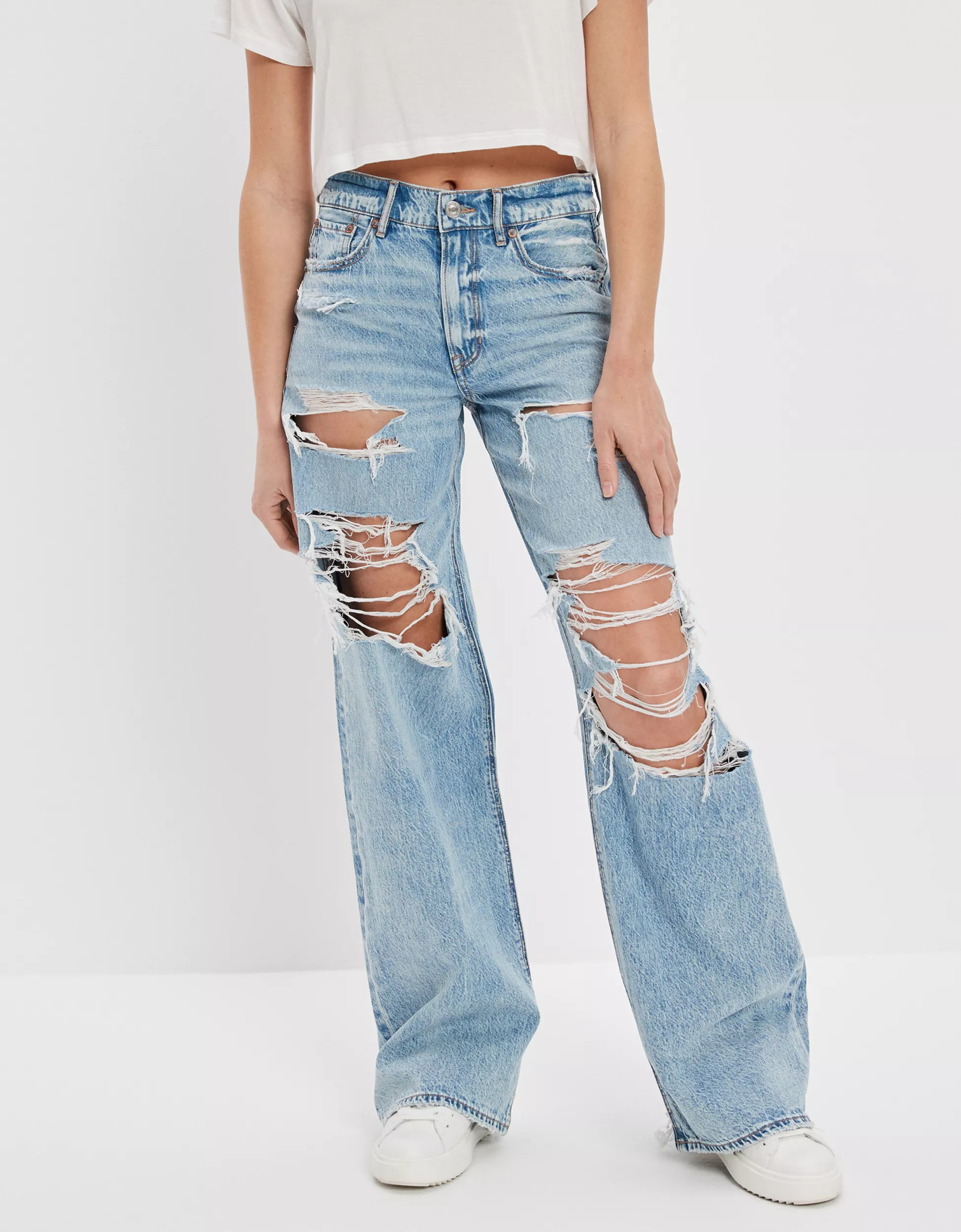 AE Dreamy Drape Ripped Super High-Waisted Baggy Wide-Leg Jean | American Eagle Outfitters (US & CA)