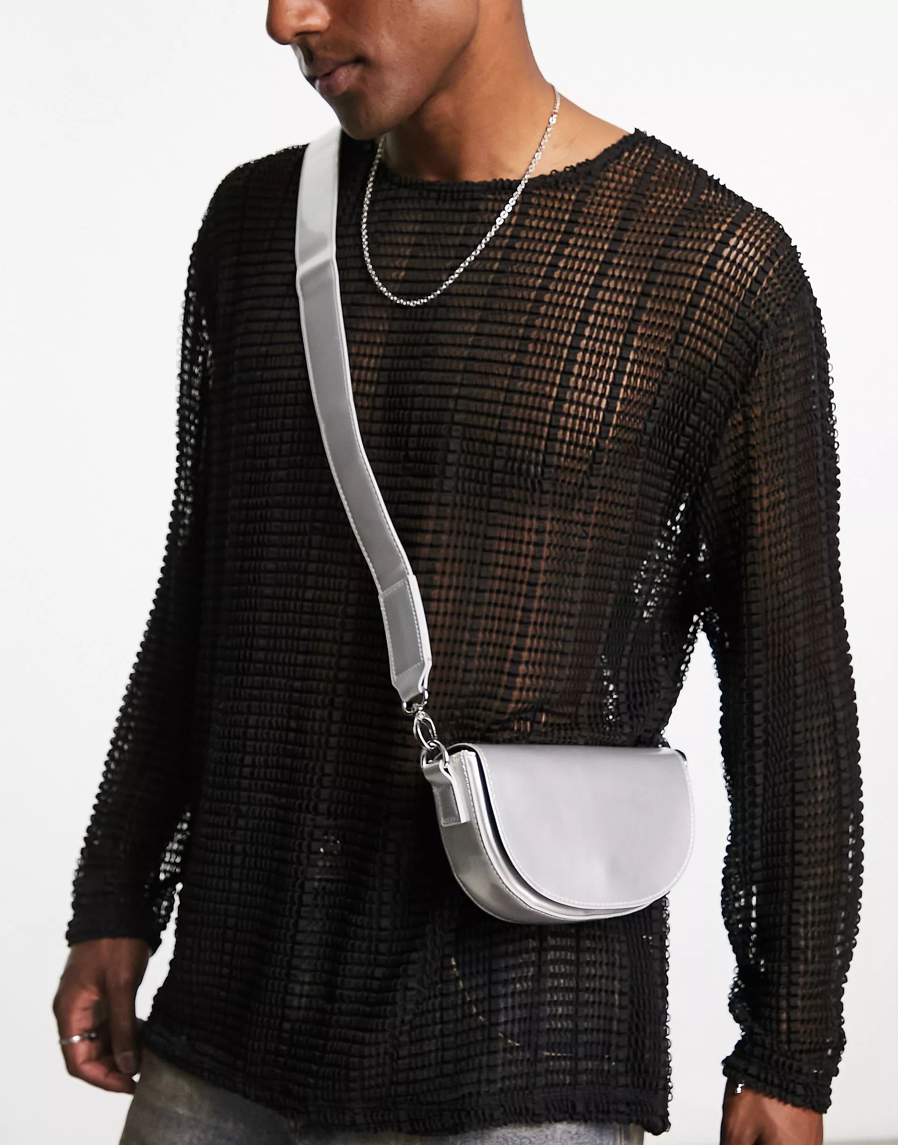 ASOS DESIGN faux leather mini halfmoon cross body bag in silver | ASOS (Global)