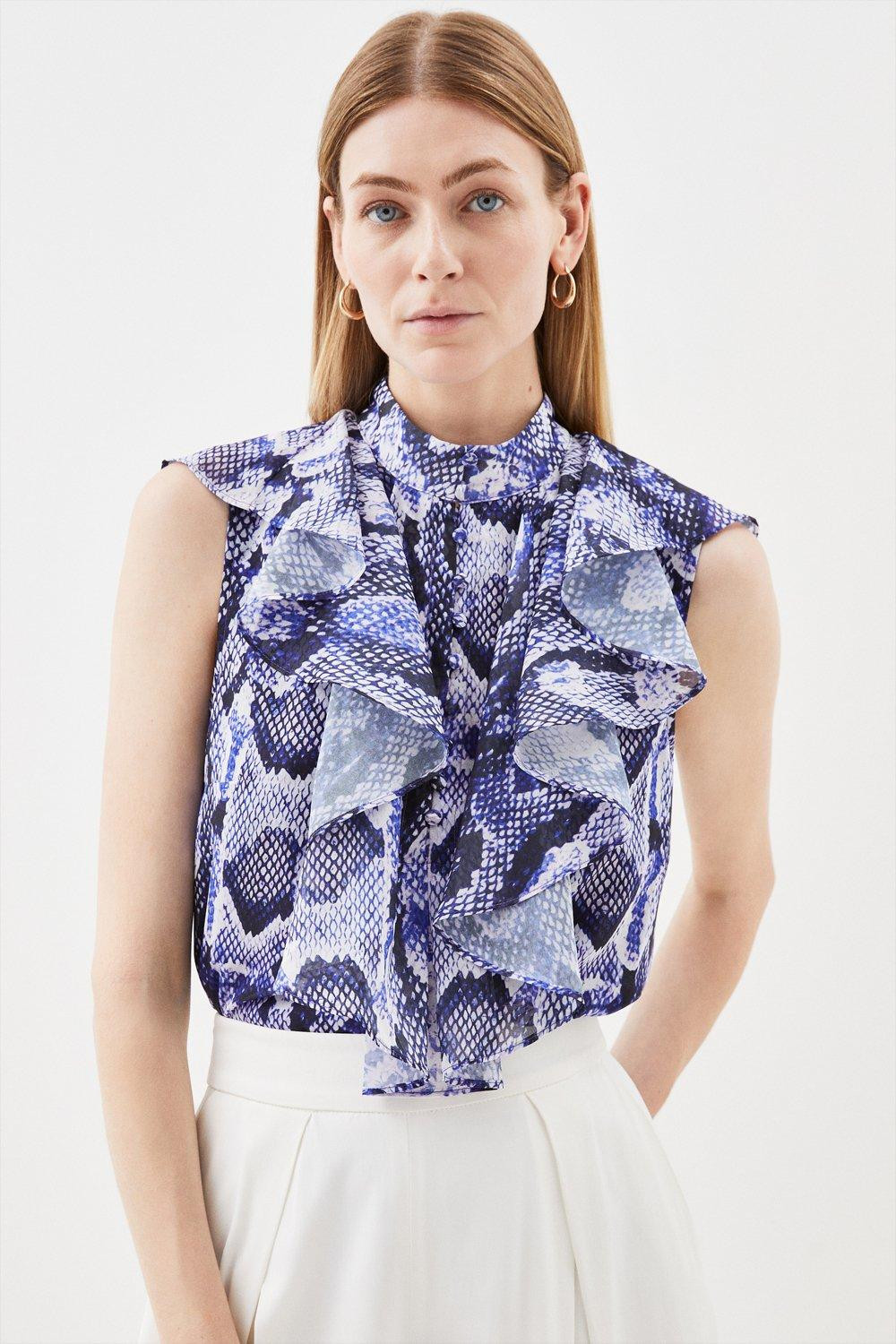 Tall Snake Georgette Ruffle High Neck Woven Blouse | Karen Millen US