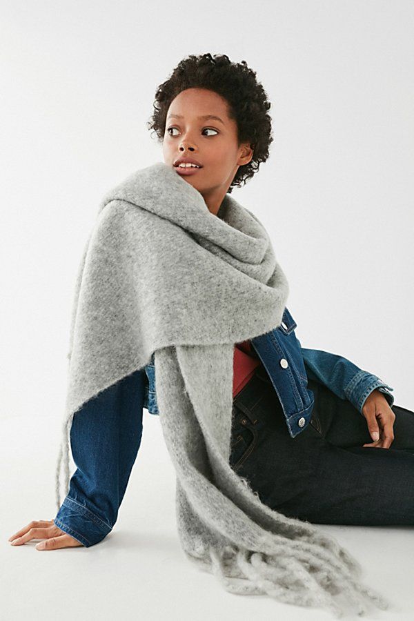 Nubby Contrast Fringe Woven Scarf - Grey One Size at Urban Outfitters | Urban Outfitters US