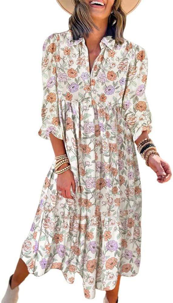 Dokotoo Women's Casual Loose Bohemian Floral Dresses 2024 Long Puff Sleeve V Neck Ruffle A Line F... | Amazon (US)