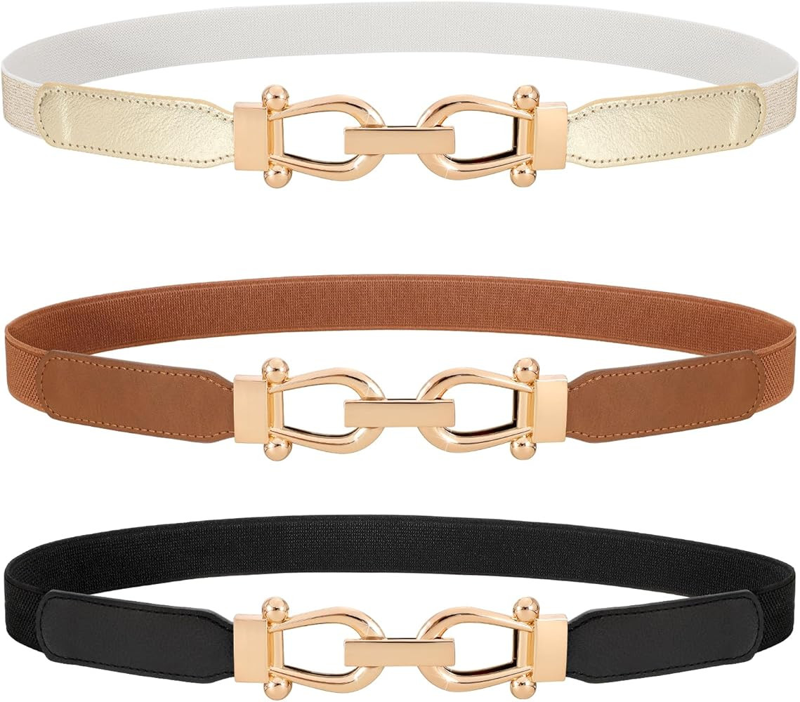 WERFORU 3 Pack Women Skinny Elastic Waist Belt Gold Buckle Stretchy Thin Belt for Jeans Dress | Amazon (US)