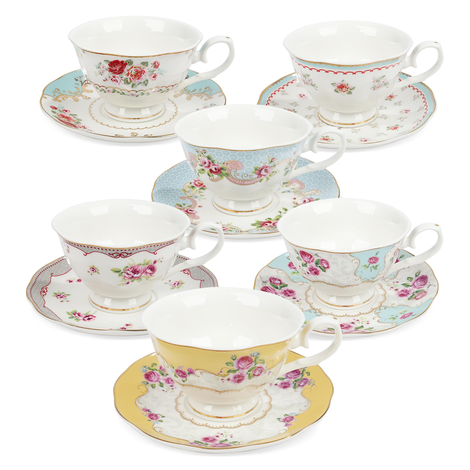 fanquare Colorful Floral Porcelain Coffee Cup with Saucer, British Tea Cups Set for 6, Classic Ro... | Amazon (US)
