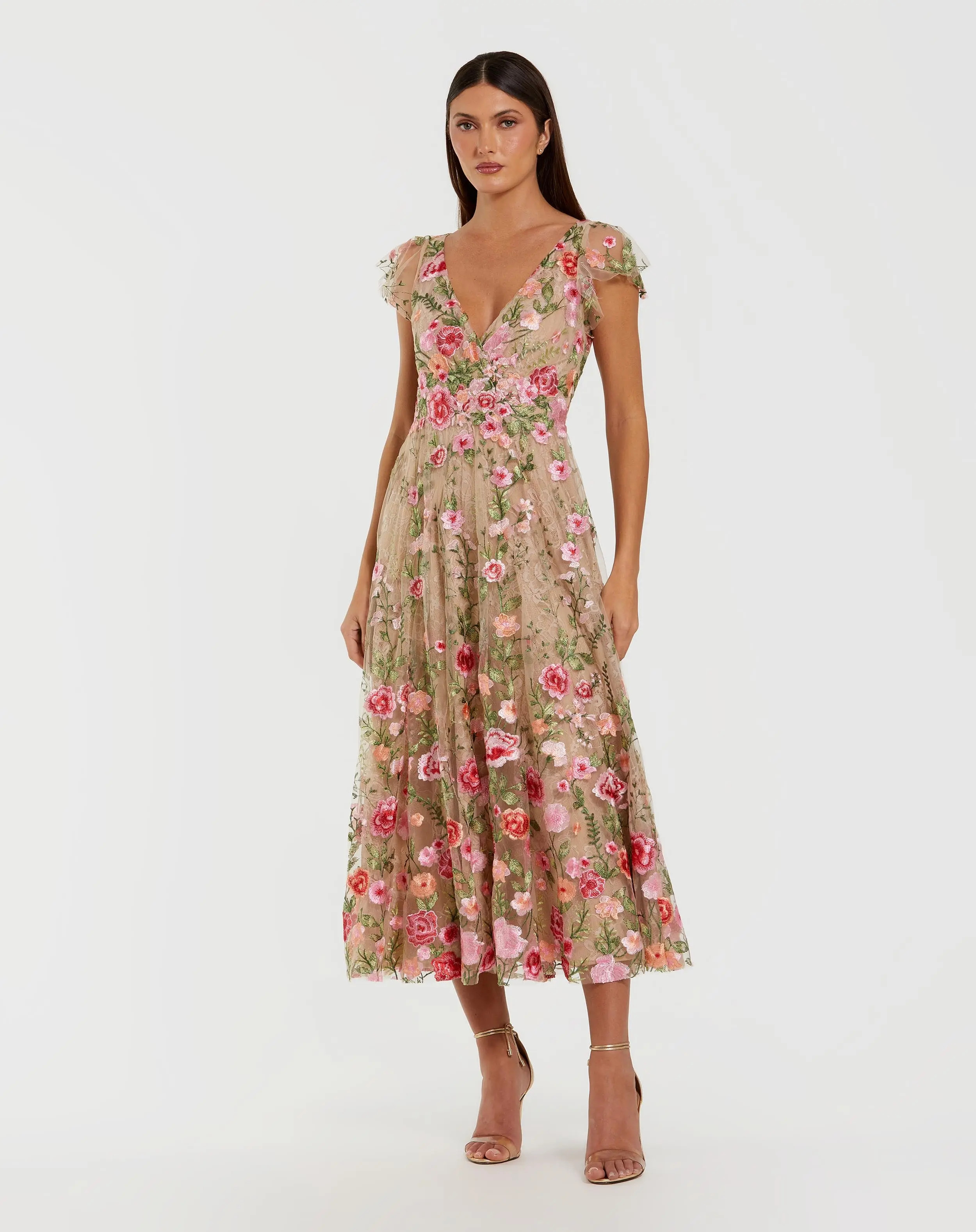 Mac Duggal - Beige Floral Embroidered Flutter Sleeve Midi Dress - Nude Multi / US 14 | Mac Duggal