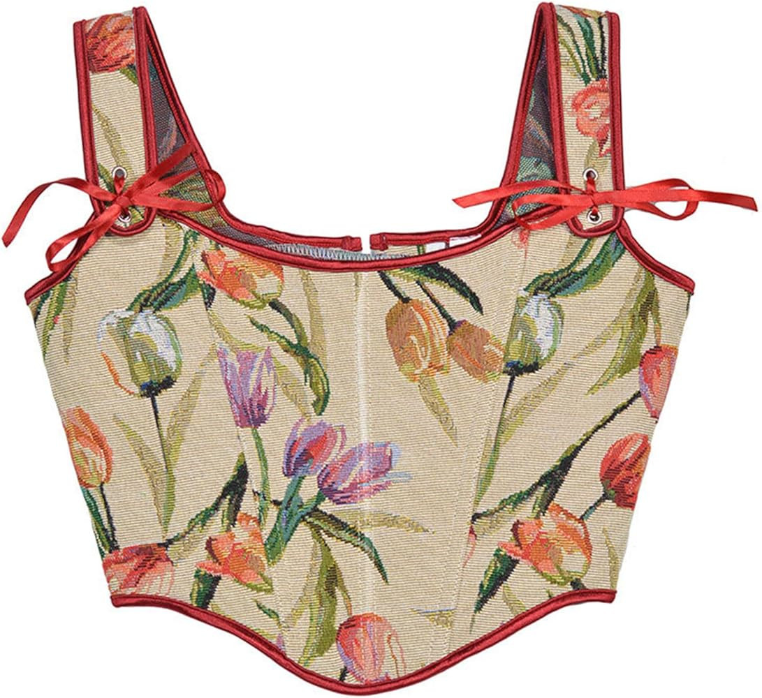 Womens Sexy Bustier Corset Top Y2K Eyelet Lace-up Floral Print Push Up Crop Tops Vintage Tank Top... | Amazon (US)