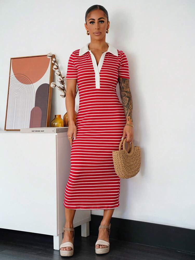 SAYEHFBABY Women's Casual Minimalist Fashion Commuter Style Short Sleeve Black & White Striped Polo Dress, Knit High Stretch Fitted Mid-Length Dress, French Elegant Dress Striped Bodycon Dress Red And White Bodycon Dress Short Sleeve Striped Dress Red And White Stripe Dress Women Bodycon Dress Bodycon Summer Dress Women Midi Dress Short Sleeve Casual Dress Red And White Striped Dress Women | SHEIN
