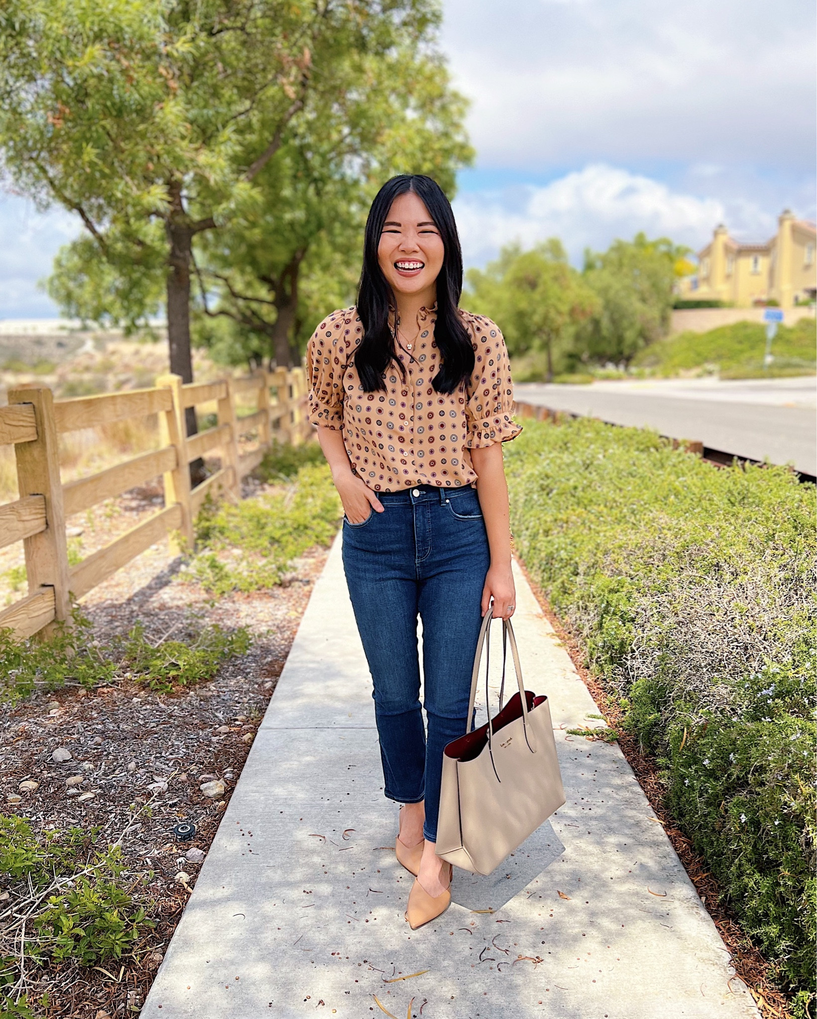 Printed blouse (XS)
Short sleeve blouse
Beige blouse
High waisted jeans (4P)
High waisted dark wash jeans
High waisted kick crop jeans
Taupe tote bag
Neutral tote bag
Work bag
Kate Spade tote bag
Mule pumps (TTS)
Smart casual outfit
Teacher outfit
Work outfit
Ann Taylor outfit

#LTKstyletip #LTKSeasonal #LTKworkwear