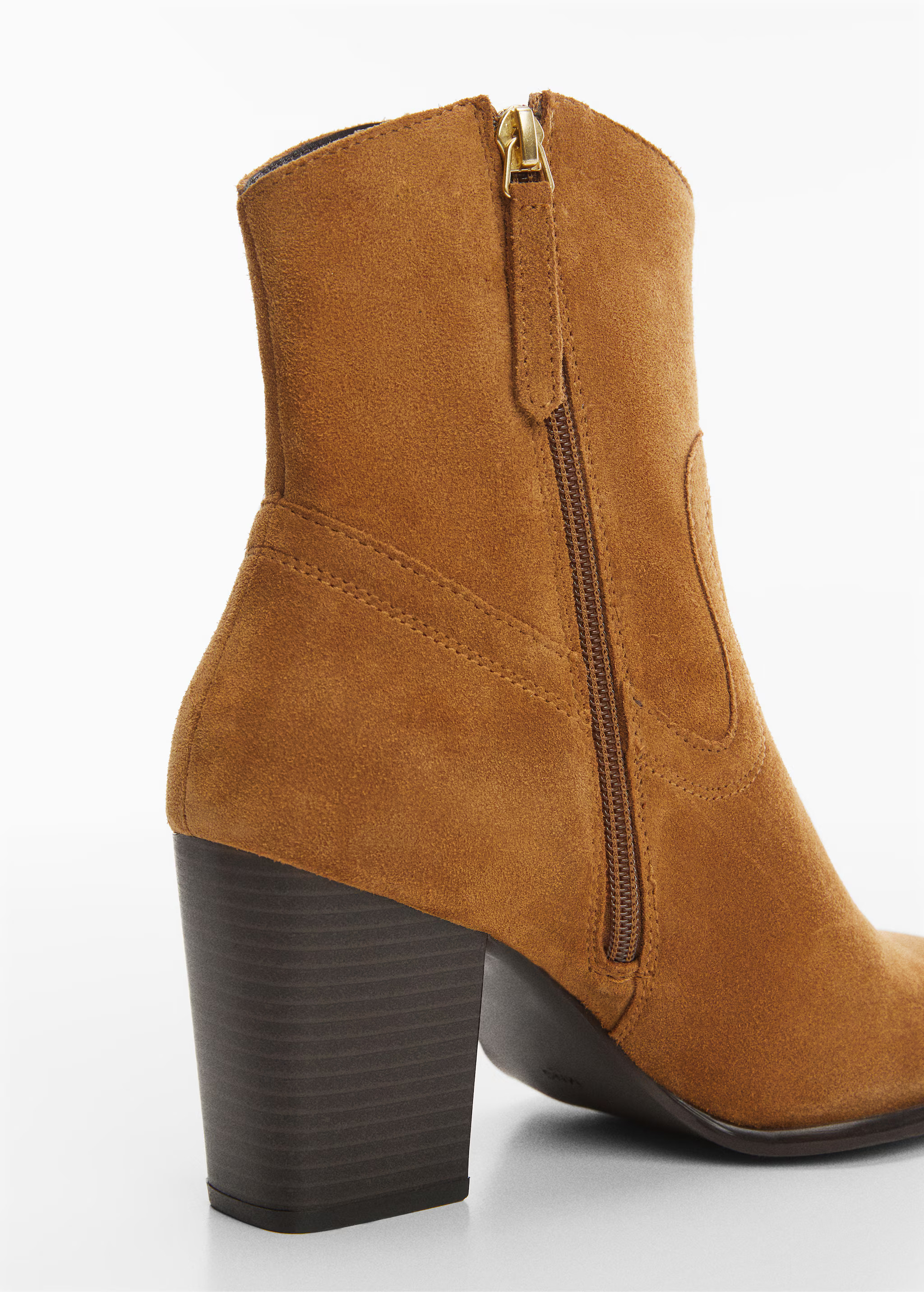 Extra 15% use: 15OFFHeel suede ankle bootCurrent price [US$ 99.99]US$ 99.99Select a colourTobacco... | Mango (US/MX/AU)
