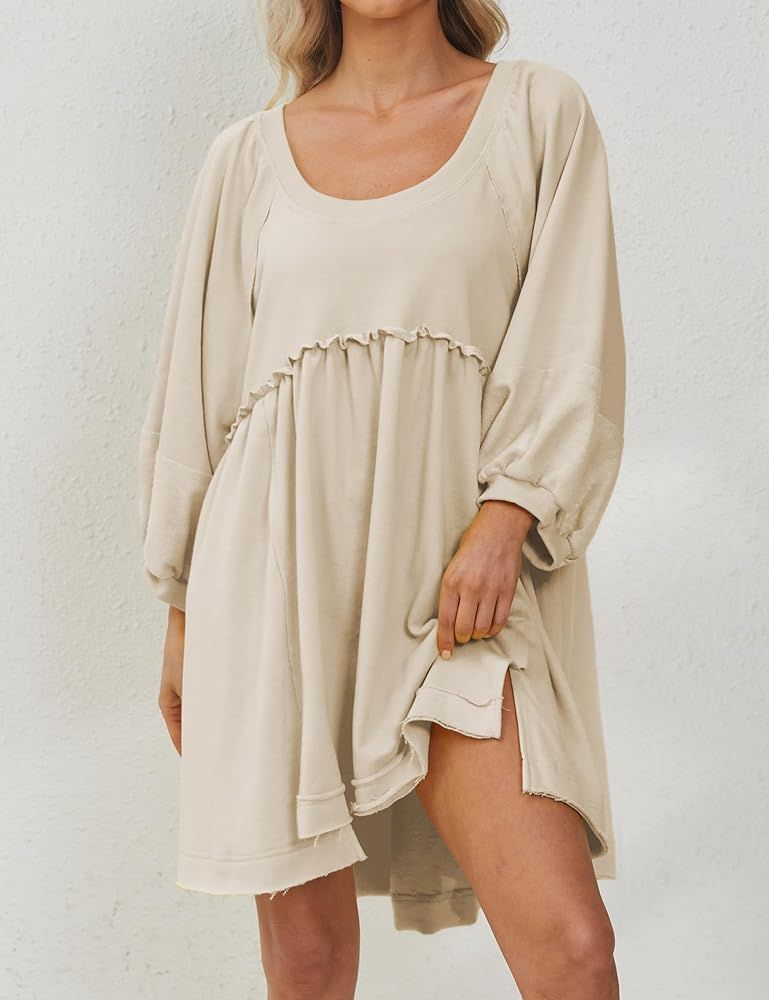 MISSACTIVER Women’s Oversized Patchwork Pullover Sweatshirt Dress Loose Lantern Sleeve Scoop Ne... | Amazon (US)