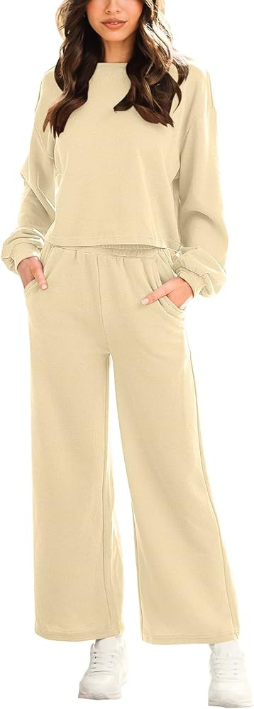 ANRABESS Women’s Two Piece Outfits Long Sleeve Crop Top Wide Leg Pants Knit Sweatsuit Loungewea... | Amazon (US)