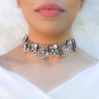 Pink  Gold Rhinestone Choker Necklace  Statement Choker  Rhinestone Jewellery | Etsy (UK)