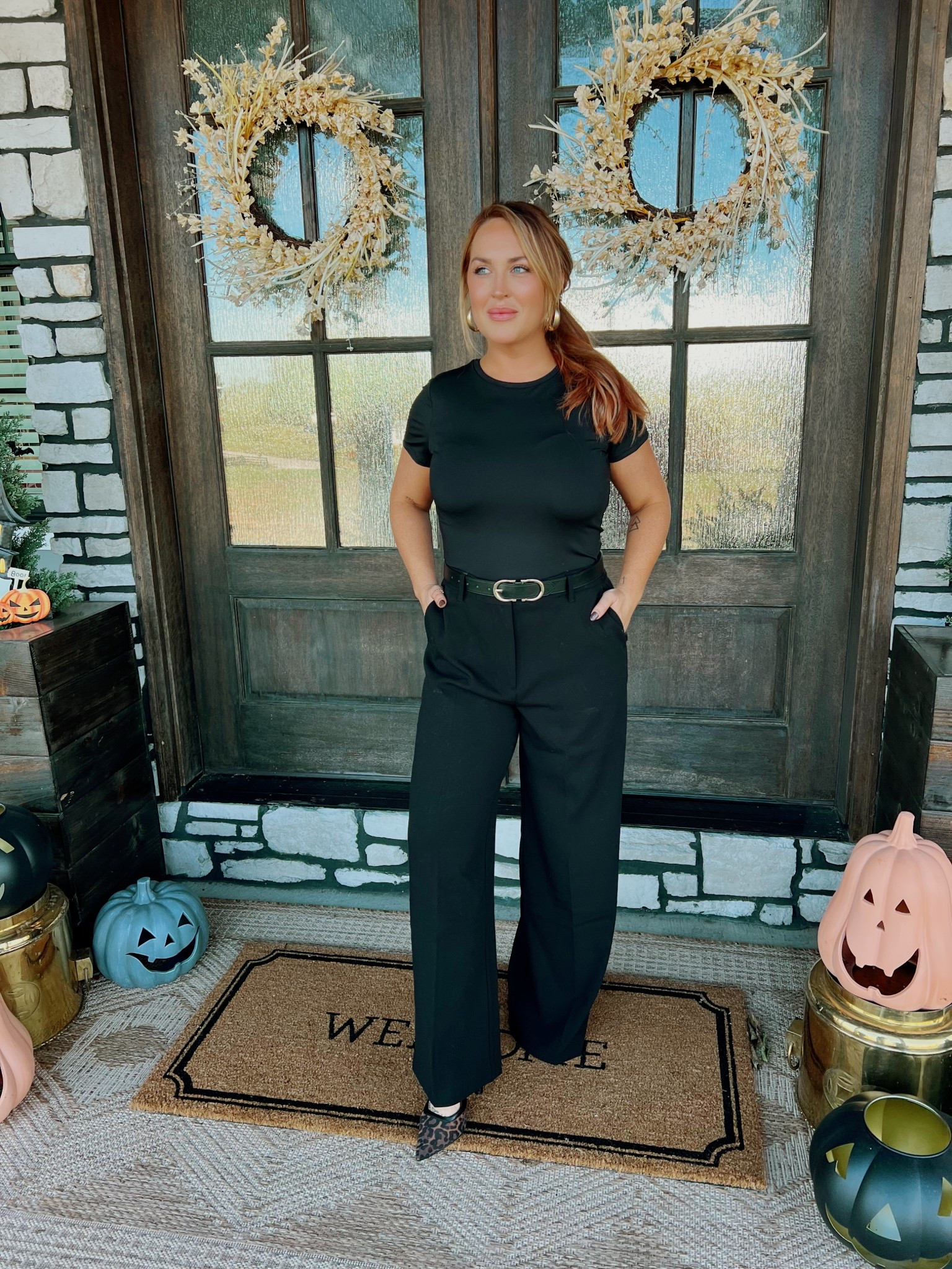 Effortless chic in all black 🖤 These Walmart wide leg trouser pants are seriously amazing quality and fit like a dream. Paired with a stretchy black bodysuit, the perfect belt, and a pop of print with cheetah mesh heels — this look is giving elevated fall vibes. 🍂✨

Walmart fashion, wide leg pants, black outfit, cheetah heels, fall outfit, women’s style, affordable fashion, midsize style, outfit inspo, classic look

#LTKStyleTip #LTKFindsUnder50 #LTKMidsize