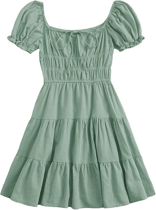 SheIn Women's Short Puff Sleeve Ruched Mini A Line Dress Ruffle Tie Front Square Neck Short Dress... | Amazon (US)