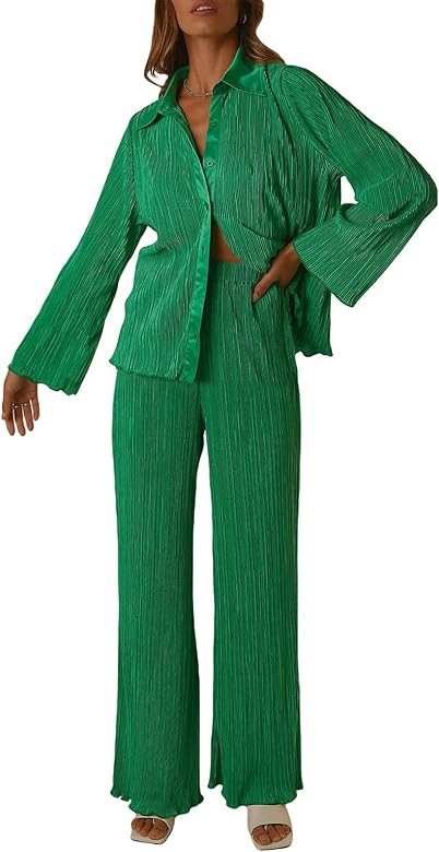 AmShibel Two Piece Women's Casual Outfits Long Sleeve Button Down Shirt High Waist Long Pants Lounge | Amazon (US)