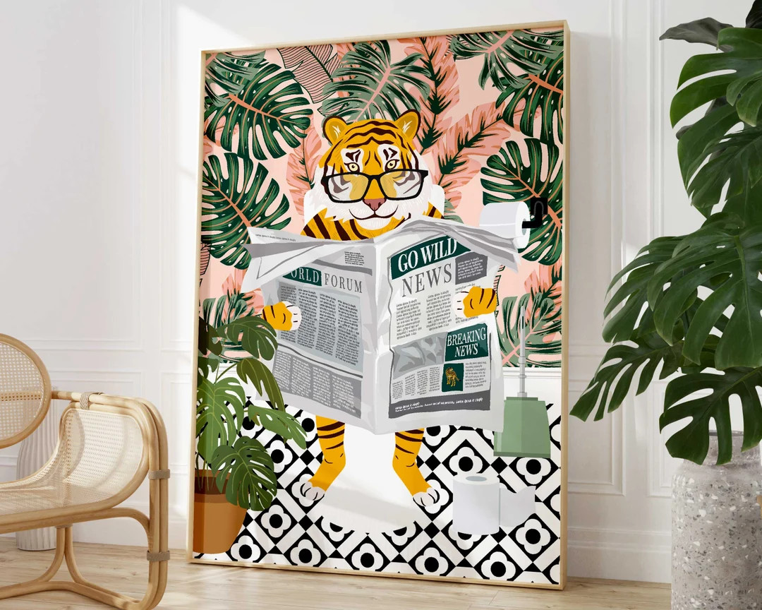 Tiger on Toilet Bathroom Print, Animal on Toilet Funny Bathroom Wall Art, Colourful Botanical Bat... | Etsy (Global)