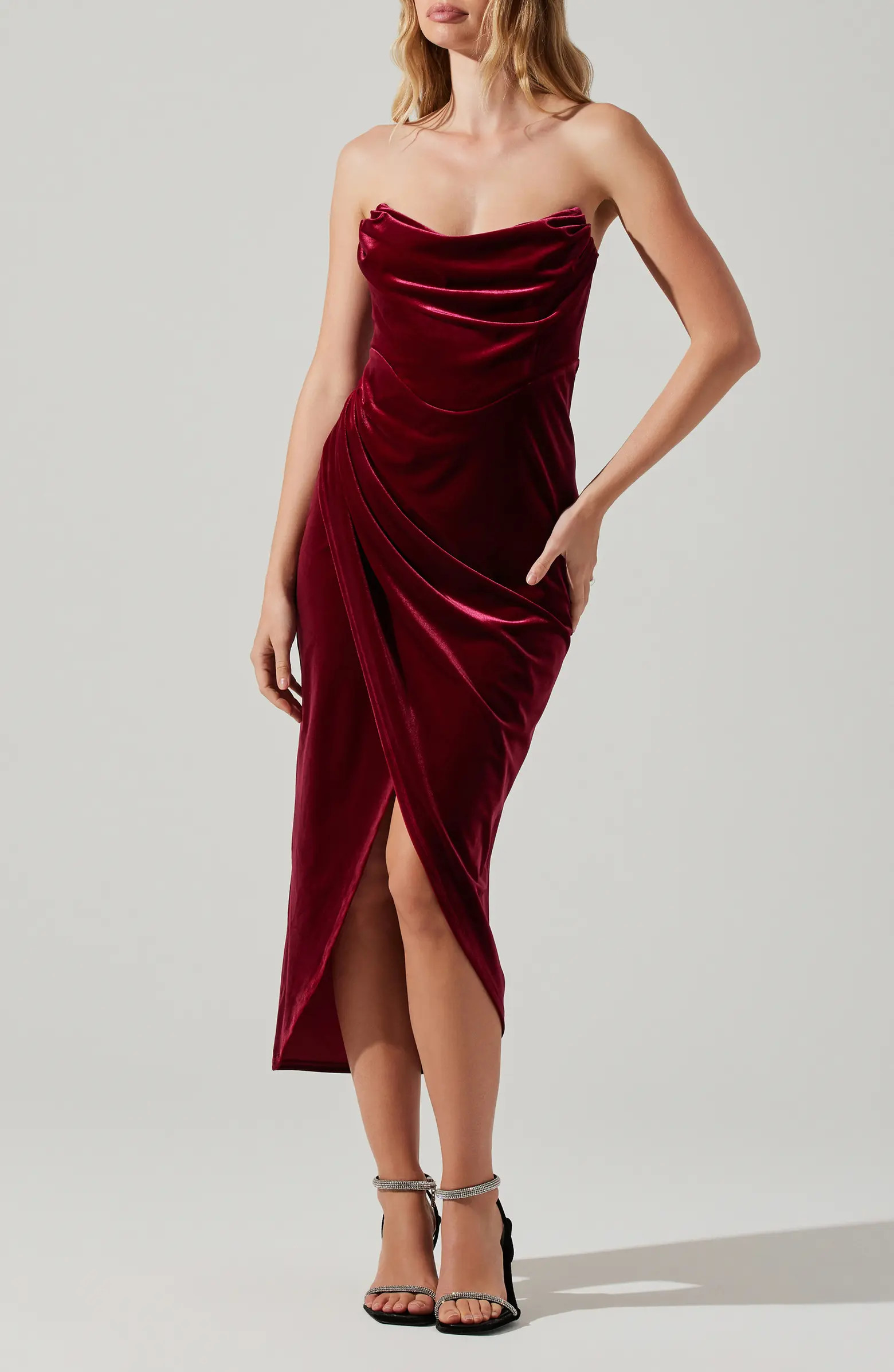 ASTR the Label Meghan Ruched Strapless Velvet Midi Dress | Nordstrom | Nordstrom