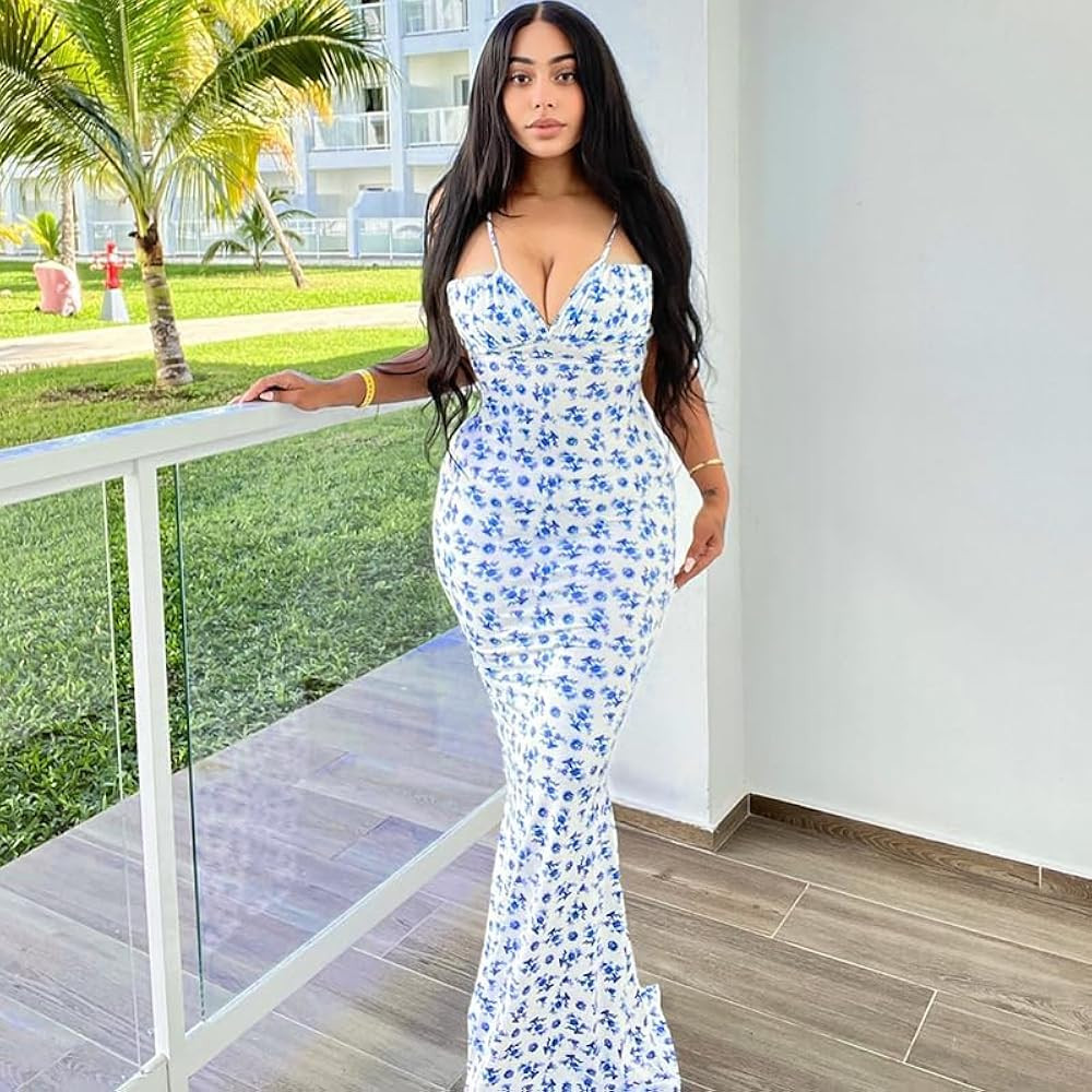 Women Floral Printed Spaghetti Strap Maxi Dress Long Dress Backless Tie Shoulder Mermaid Dress | Amazon (US)