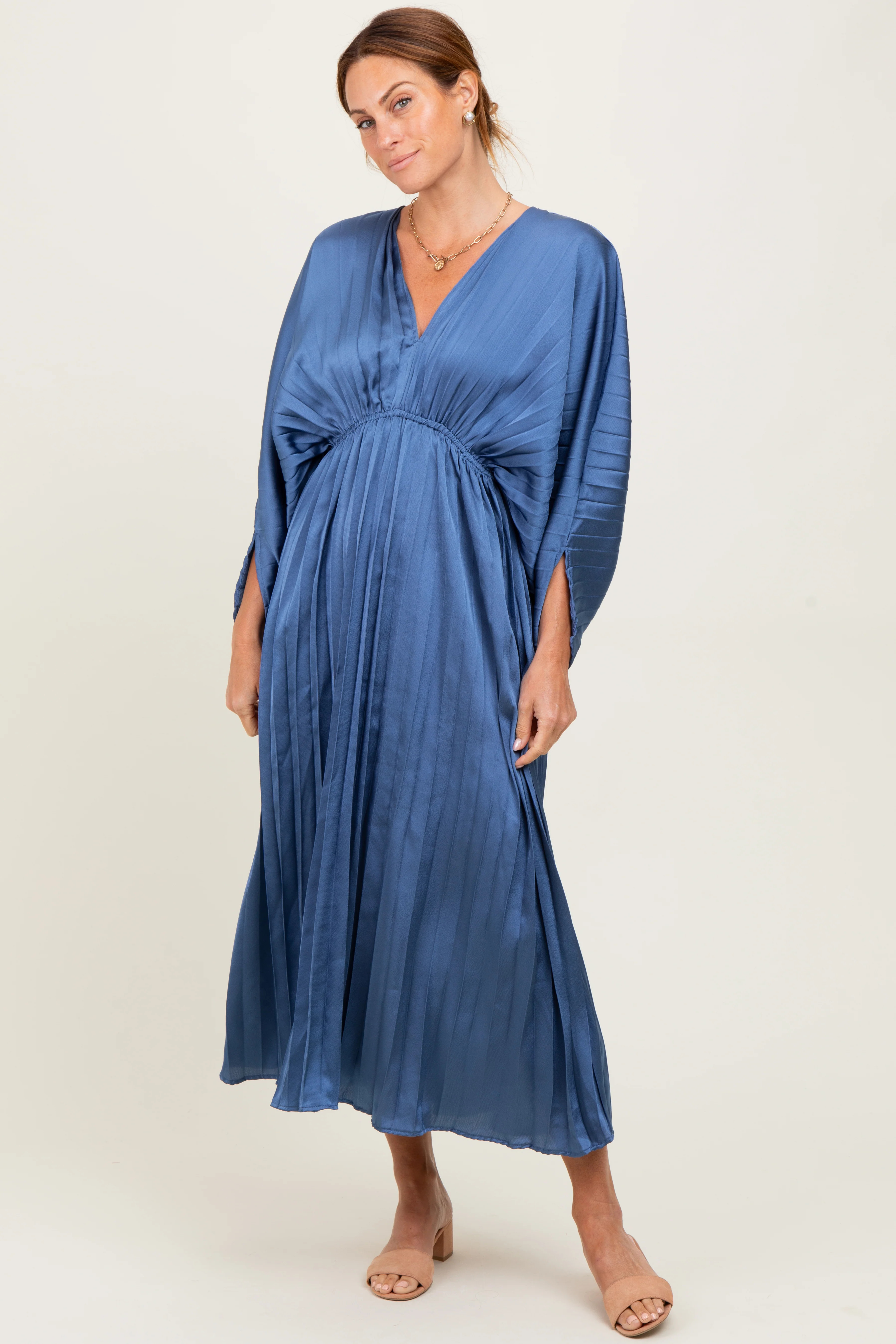 Blue Satin Pleated V-Neck Maxi Dress | PinkBlush Maternity