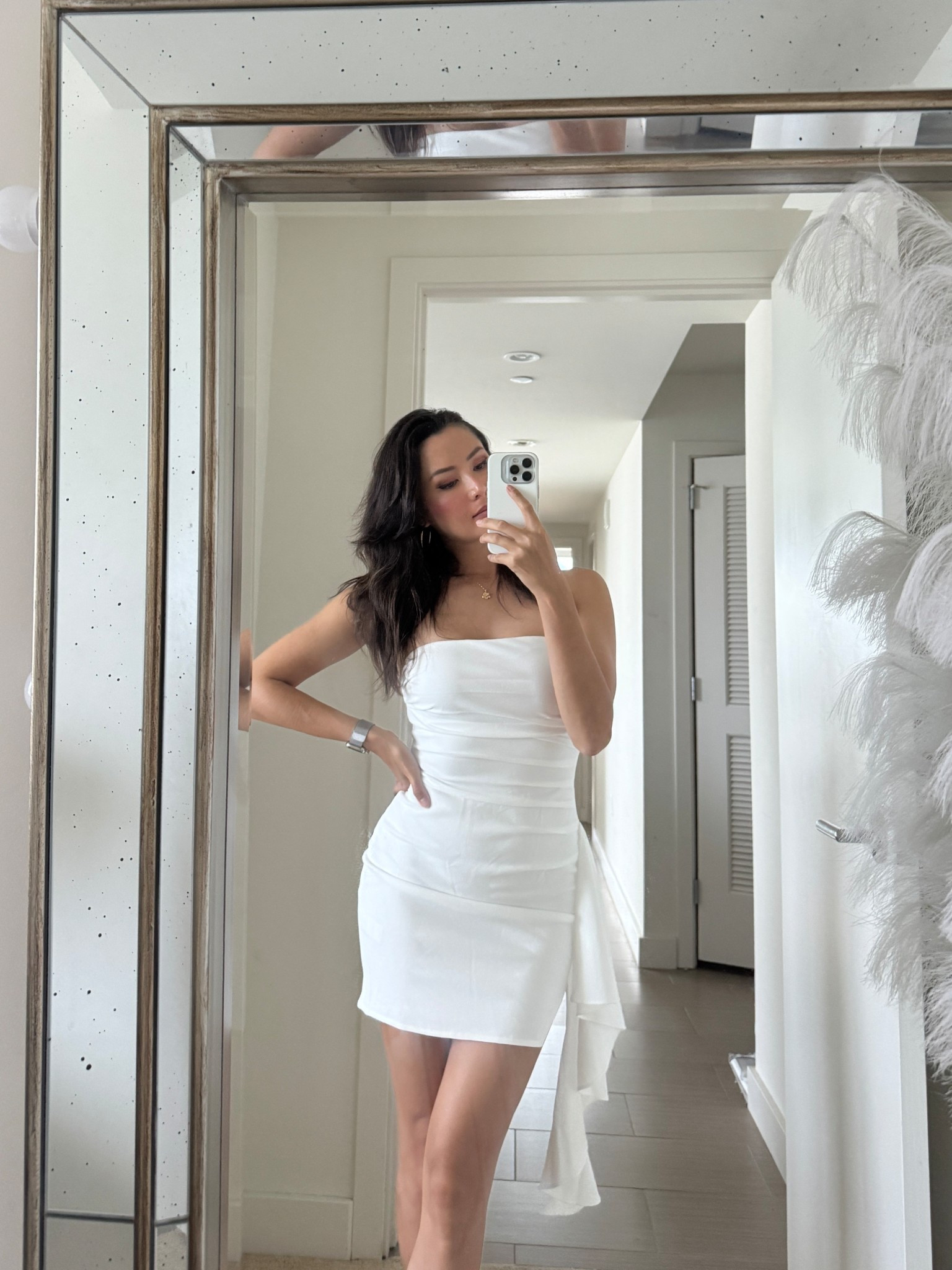 Perfect white occasion mini dress! Stretchy and love the ruching and side sash! Wearing size XS - true to size 

#LTKootd #LTKSeasonal