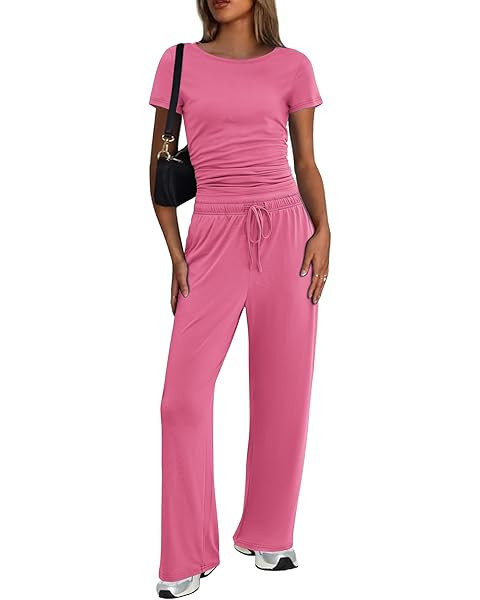 Ekouaer Women's 2 Piece Lounge Sets Ruched Short Sleeve Top and Wide Leg Pants Loungewear Tracksu... | Amazon (US)