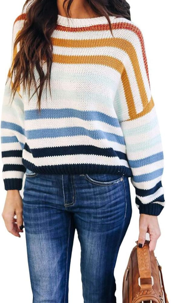 KIRUNDO Women’s Stripe Color Block Short Sweater Long Sleeve Stitching Color Crew Neck Loose Kn... | Amazon (US)