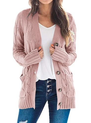 PRETTYGARDEN Women's Open Front Cardigan Sweaters Fall Fashion Button Down Cable Knit Chunky Winter Outerwear Coats (Dusty Pink,Large) | Amazon (US)