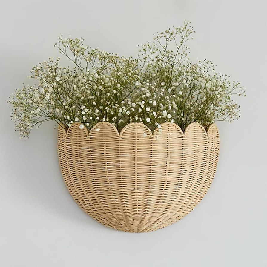 Scalloped Hanging Wicker Baskets for Wall, Scalloped Home Decor, Hanging Woven Rattan Wall Basket... | Amazon (US)