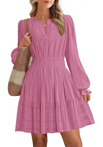 BTFBM Mini Dresses for Women 2026 Casual Lightweight Long Sleeve V Neck A Line Elastic Waist Party Holiday Dress(Dusty Pink, Small) | Amazon (US)