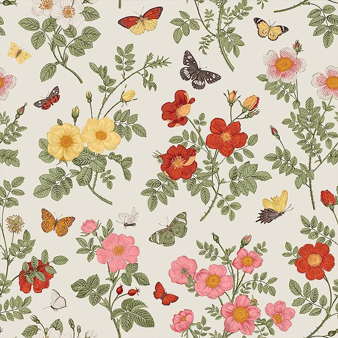 VEELIKE Vintage Butterflies Floral Peel and Stick Wallpaper Pink/Yellow/White/Red Floral Wallpape... | Amazon (US)